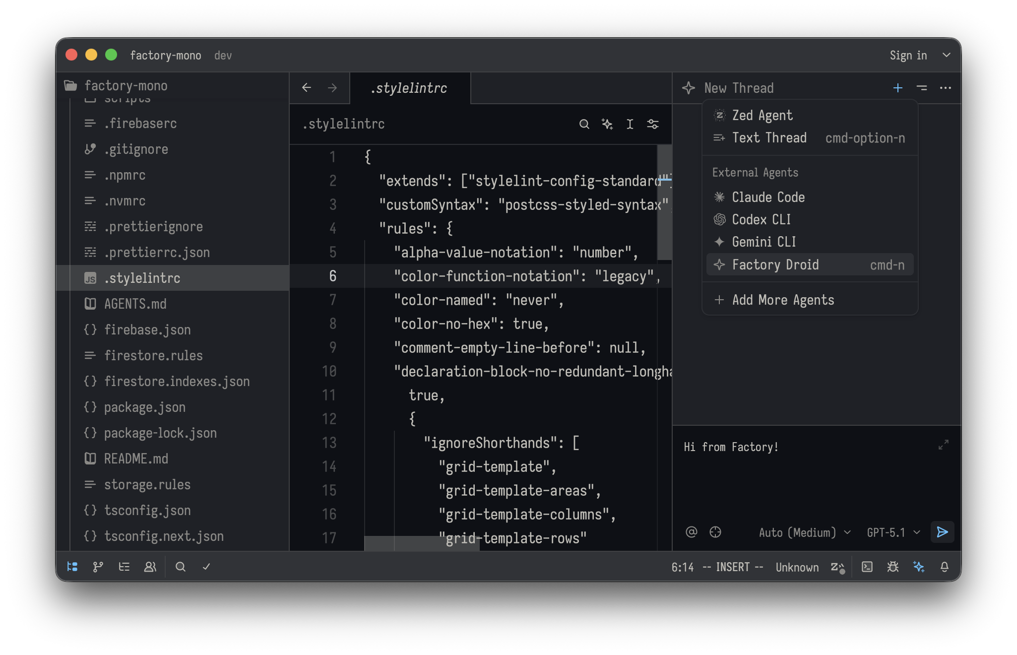 Zed Agent Panel with + button highlighted and Factory Droid selected in the agent dropdown