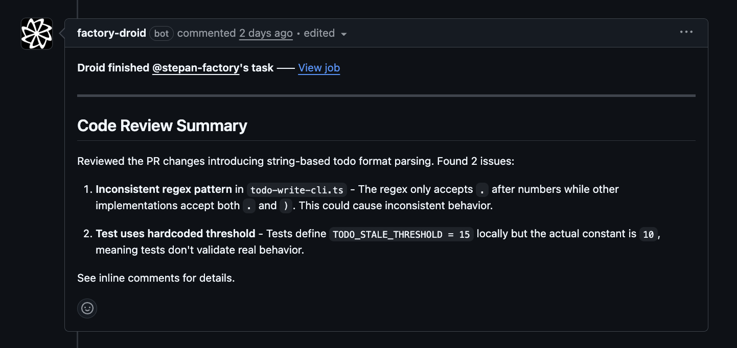 Factory Droid bot posting a code review summary with issues found