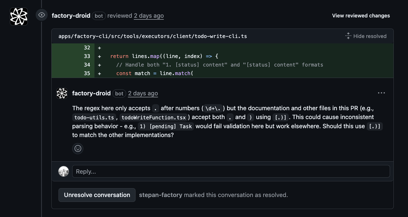 Factory Droid bot posting inline code review comment on specific lines