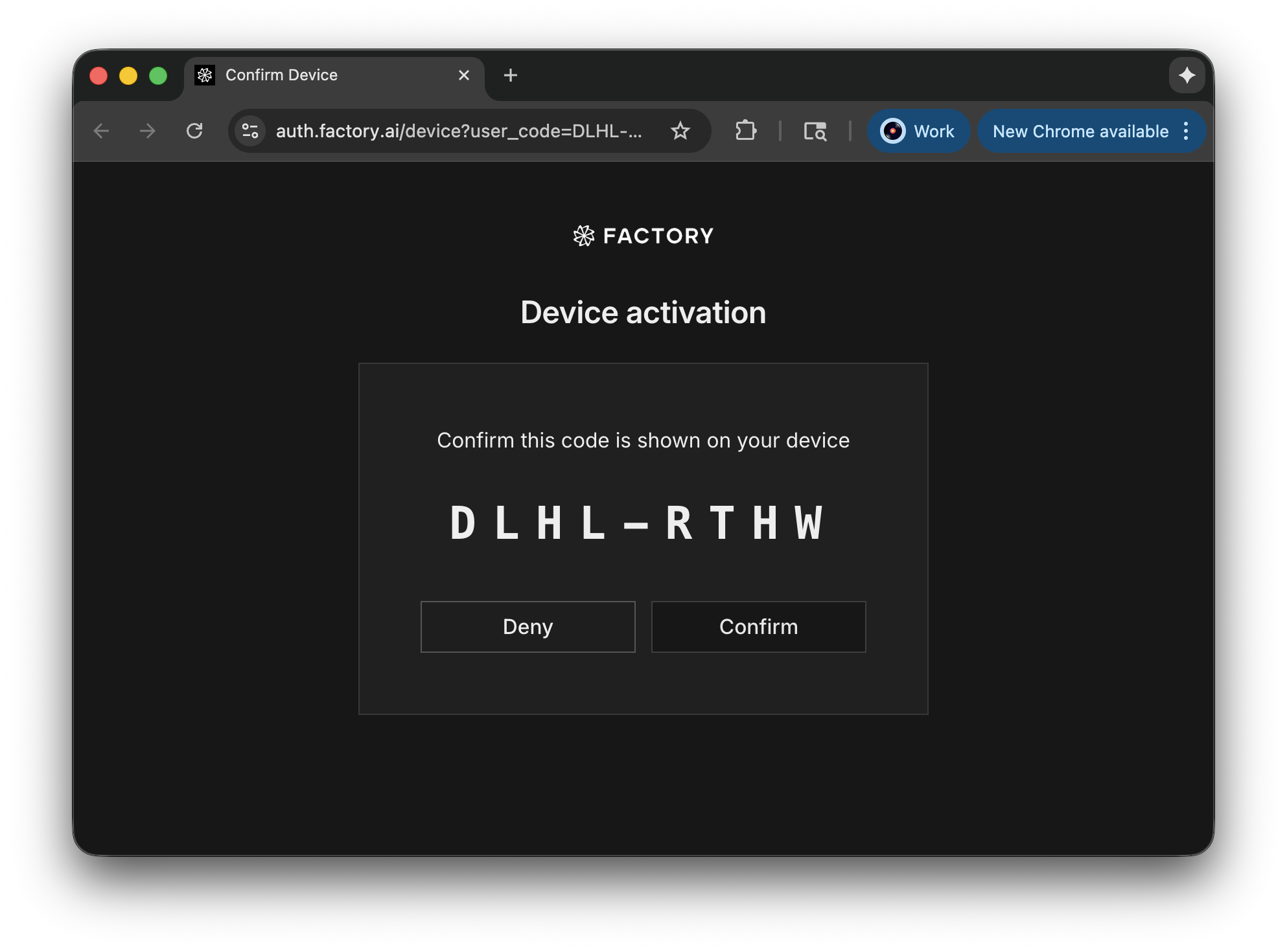 Factory web authentication screen prompting for device code confirmation
