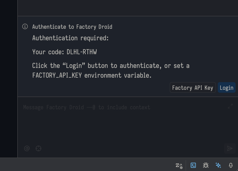 Zed authentication screen showing a device code and Login button