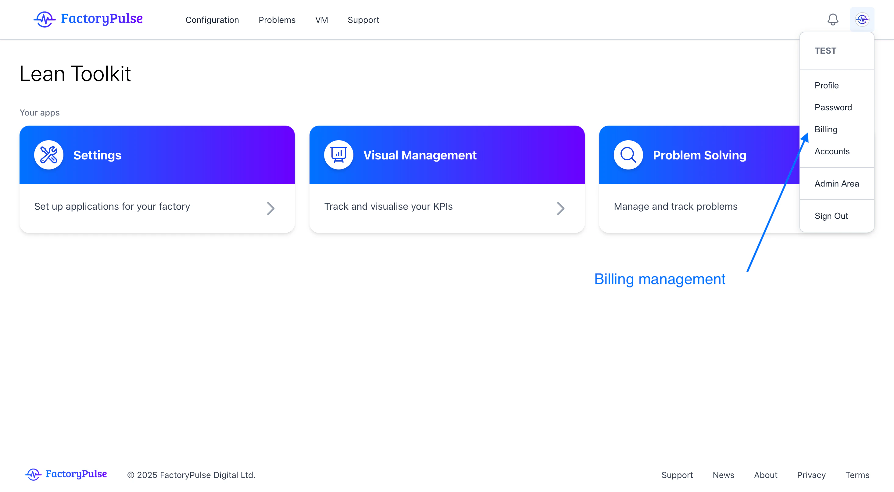Select the avatar in the top right corner of the screen to get the billing menu
