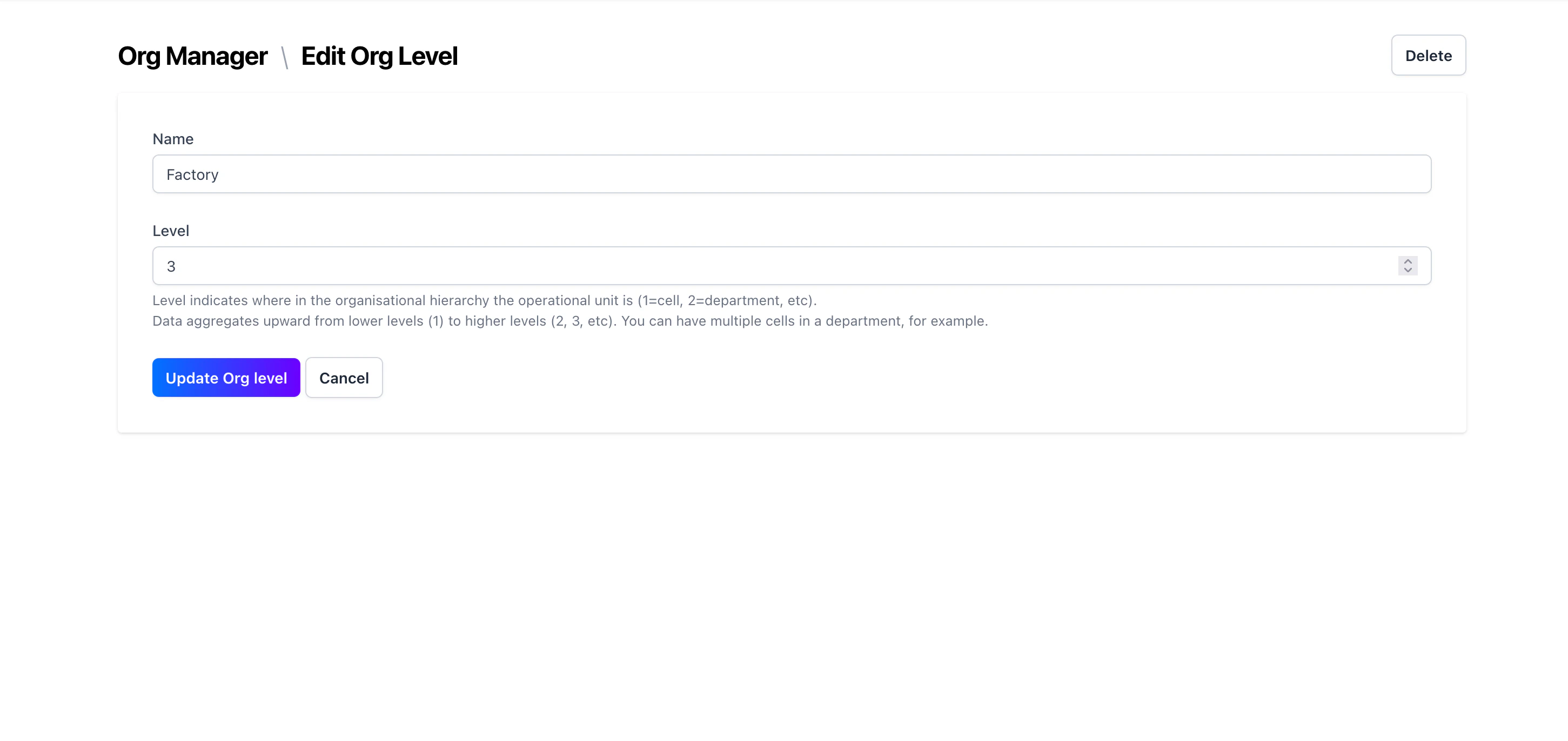 Open the organisation manager insider the configuration menu
