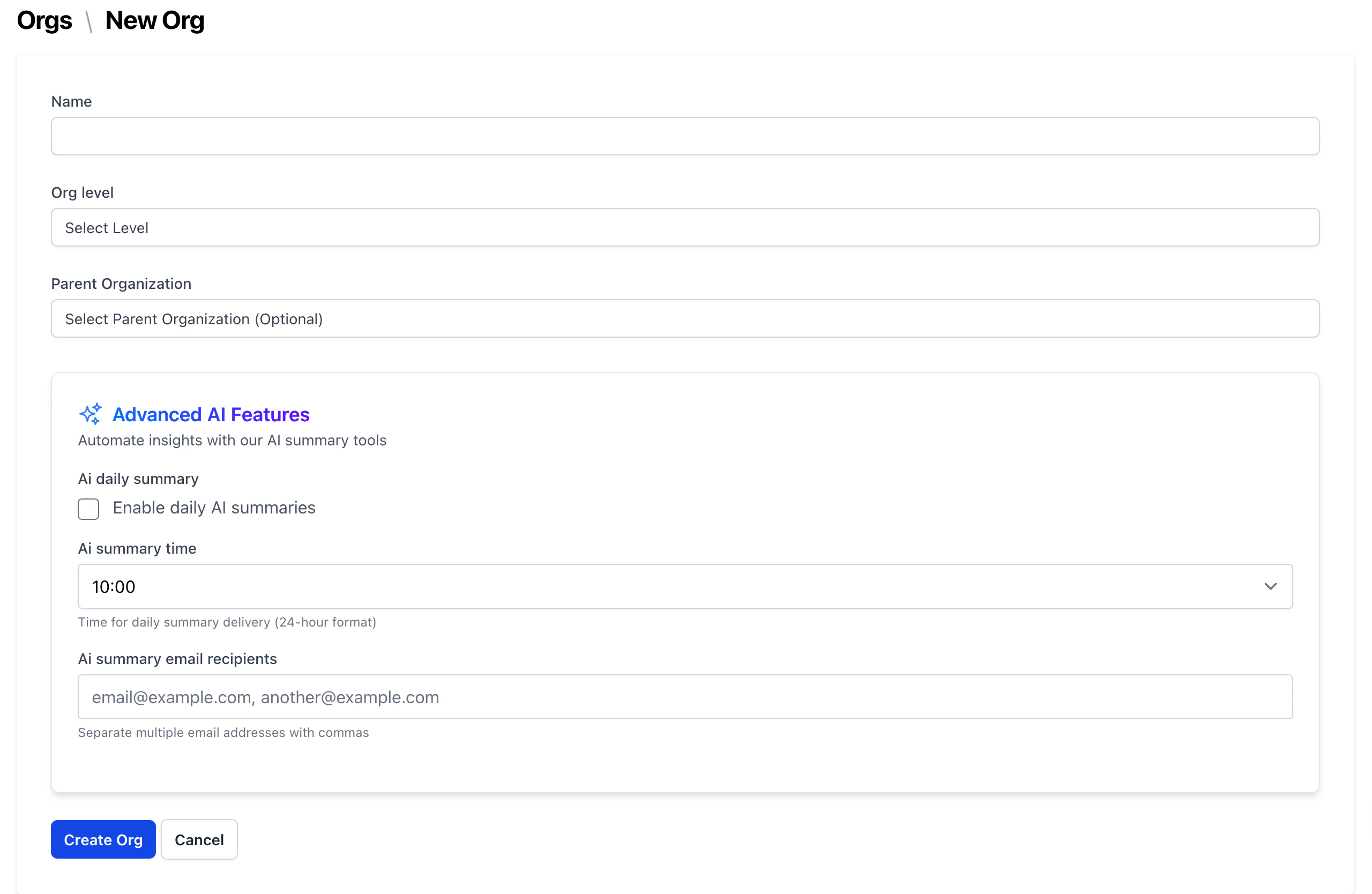 Form to create a new organisation