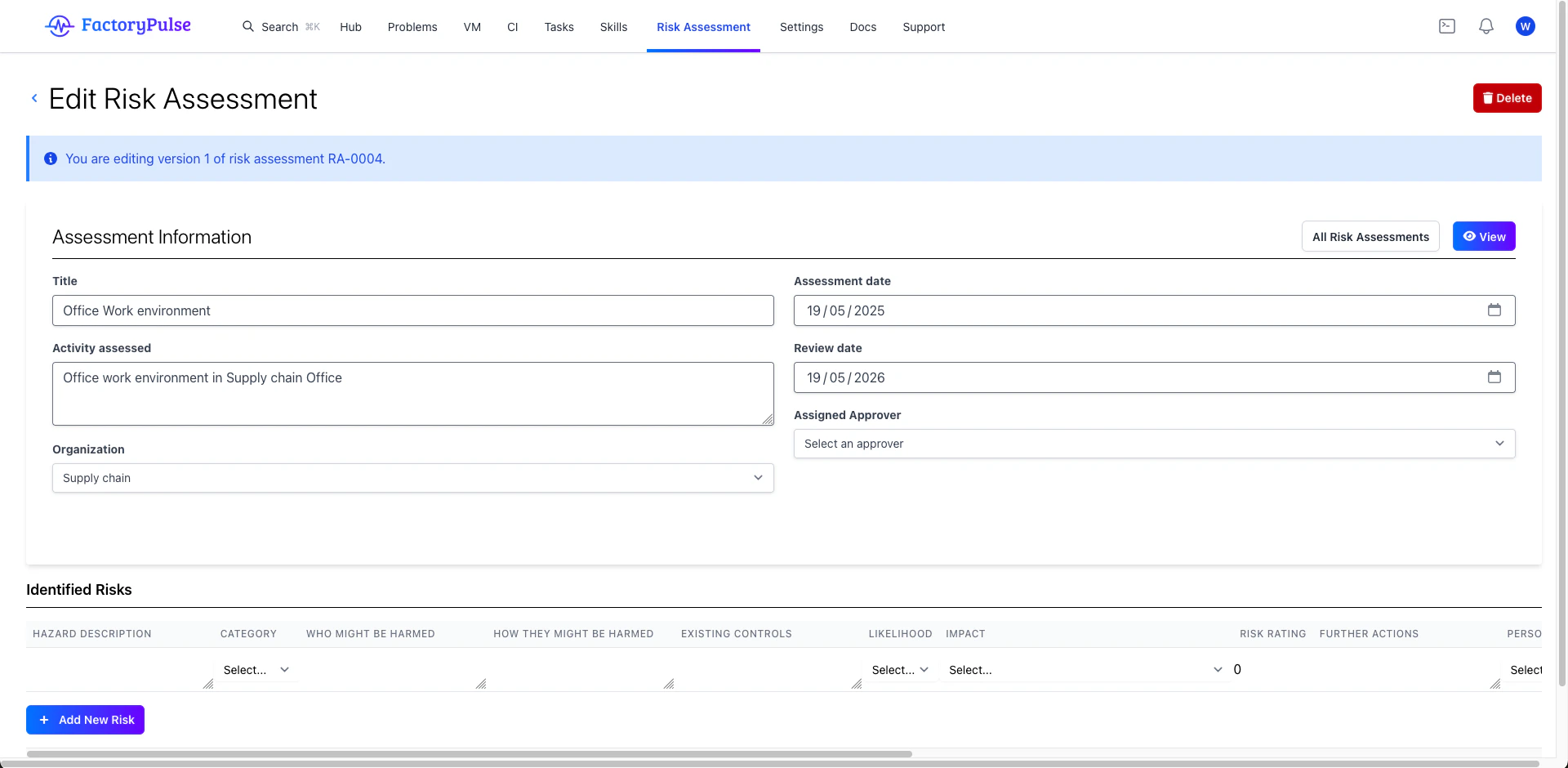 RA new risk assessment