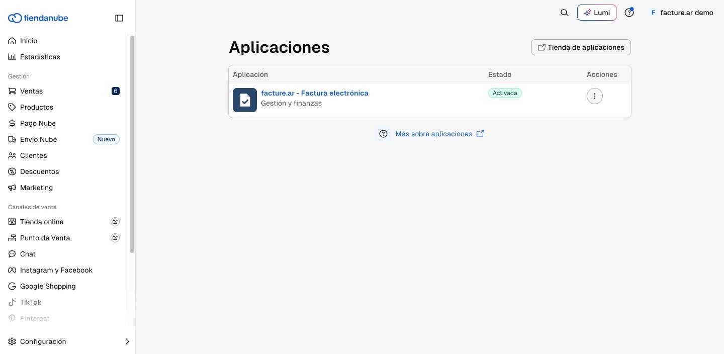 La app facture.ar activada en Aplicaciones del administrador de Tiendanube