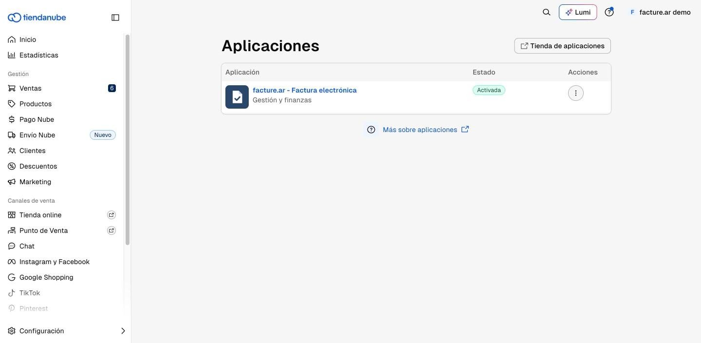 La app facture.ar activada en Aplicaciones del administrador de Tiendanube