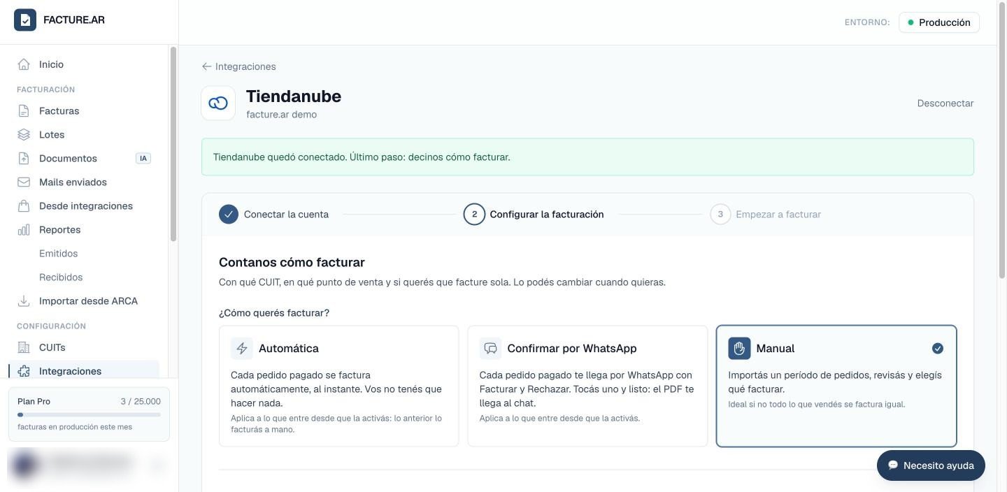 Pantalla Contanos cómo facturar con los modos Automática, Confirmar por WhatsApp y Manual