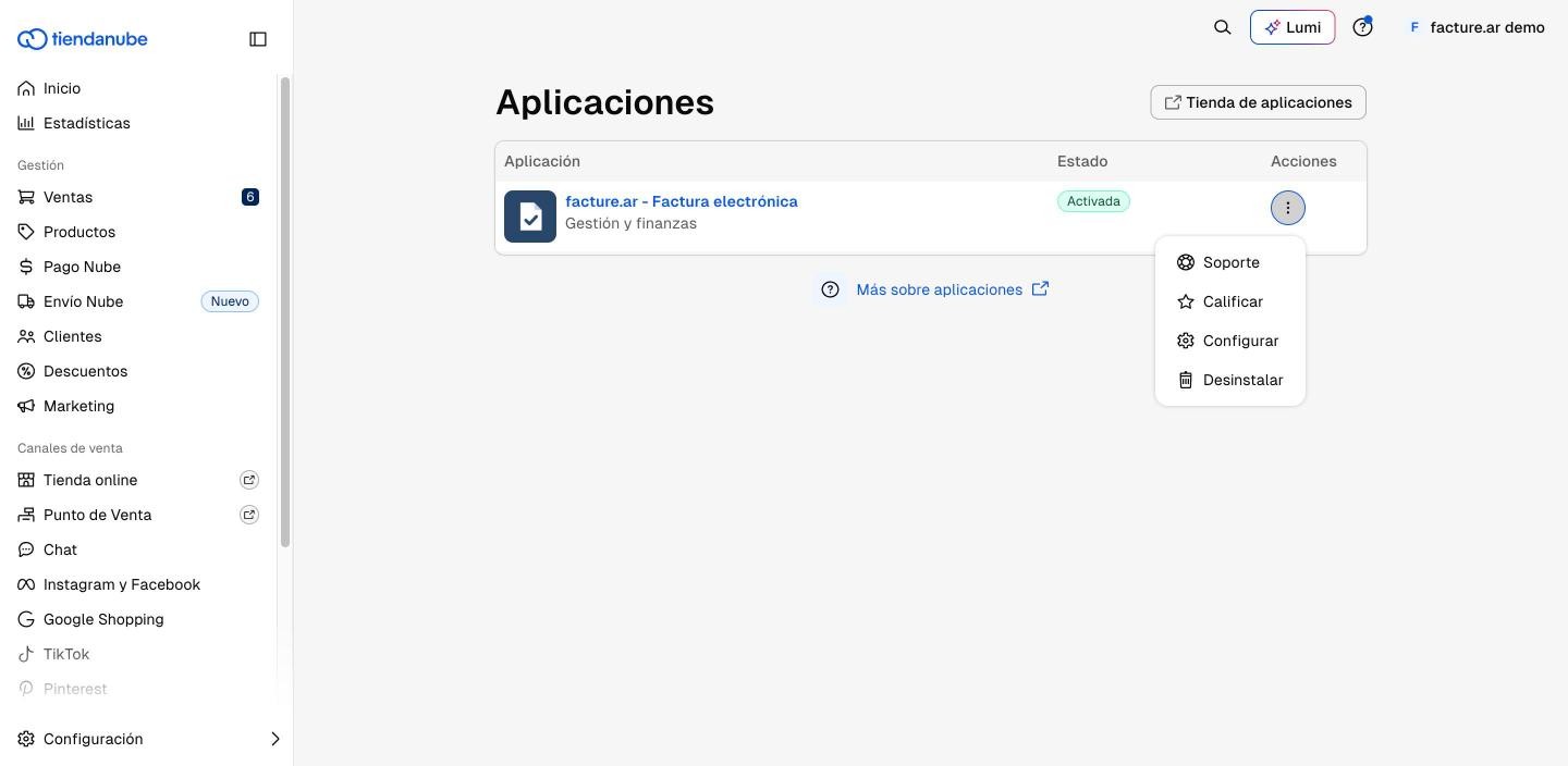 Menú de la app en Tiendanube con Soporte, Calificar, Configurar y Desinstalar
