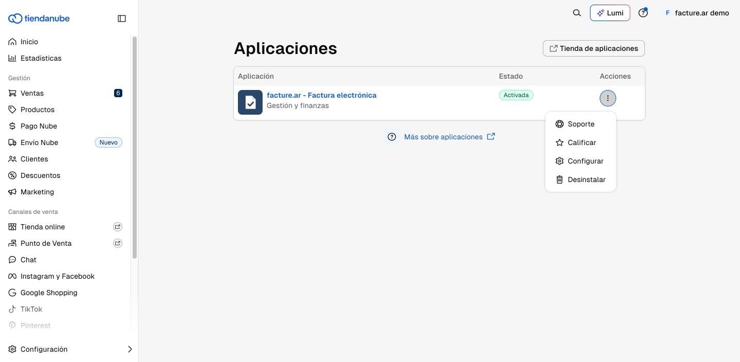 Menú de la app en Tiendanube con Soporte, Calificar, Configurar y Desinstalar