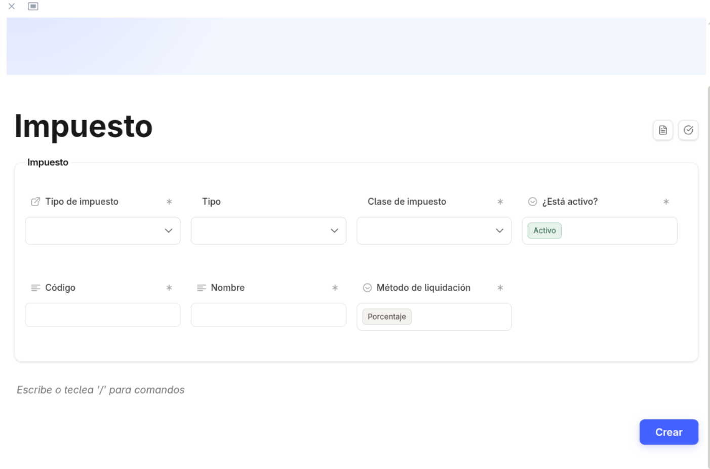 New tax creation form in Fail Fast
