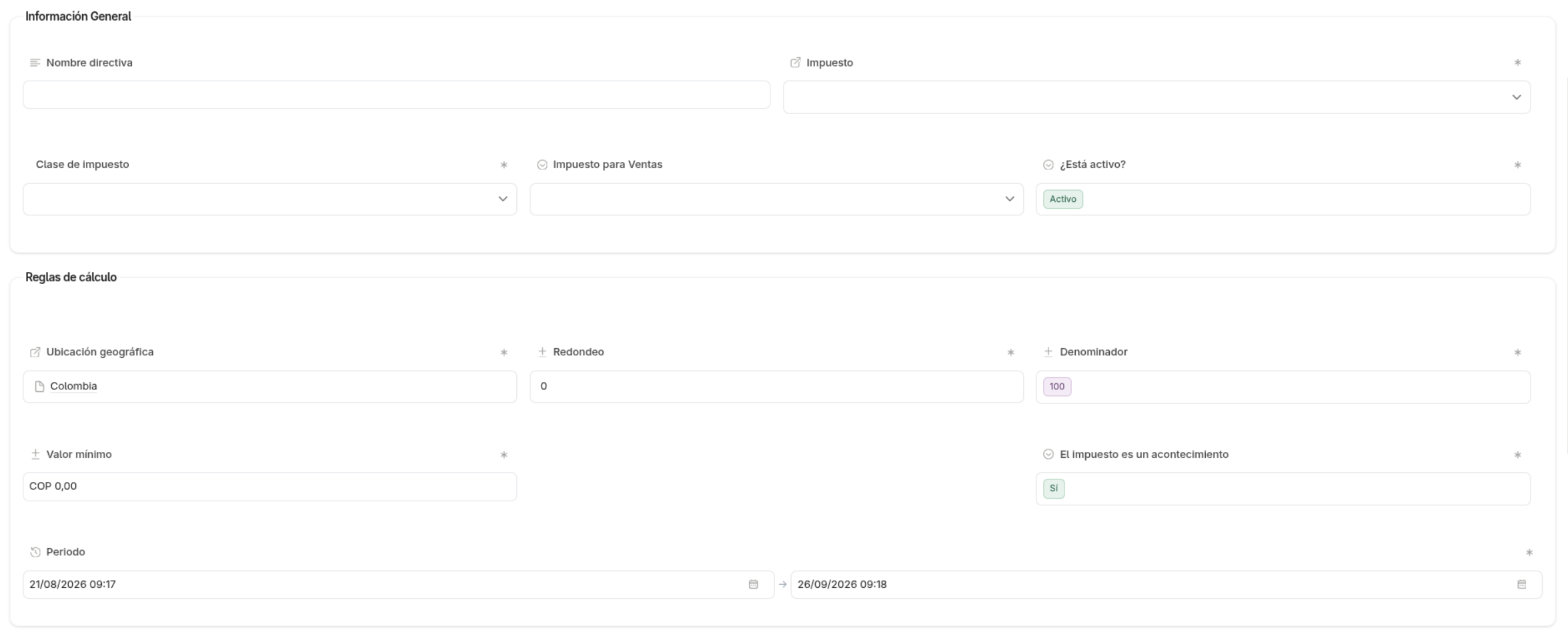 Directive creation form — general information and calculation rules