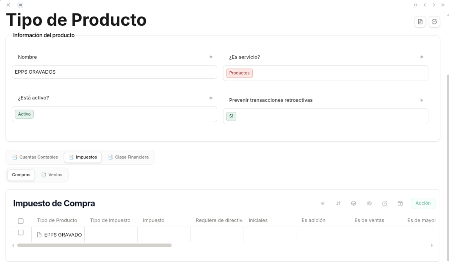 Taxes tab of the product type, Purchases sub-tab