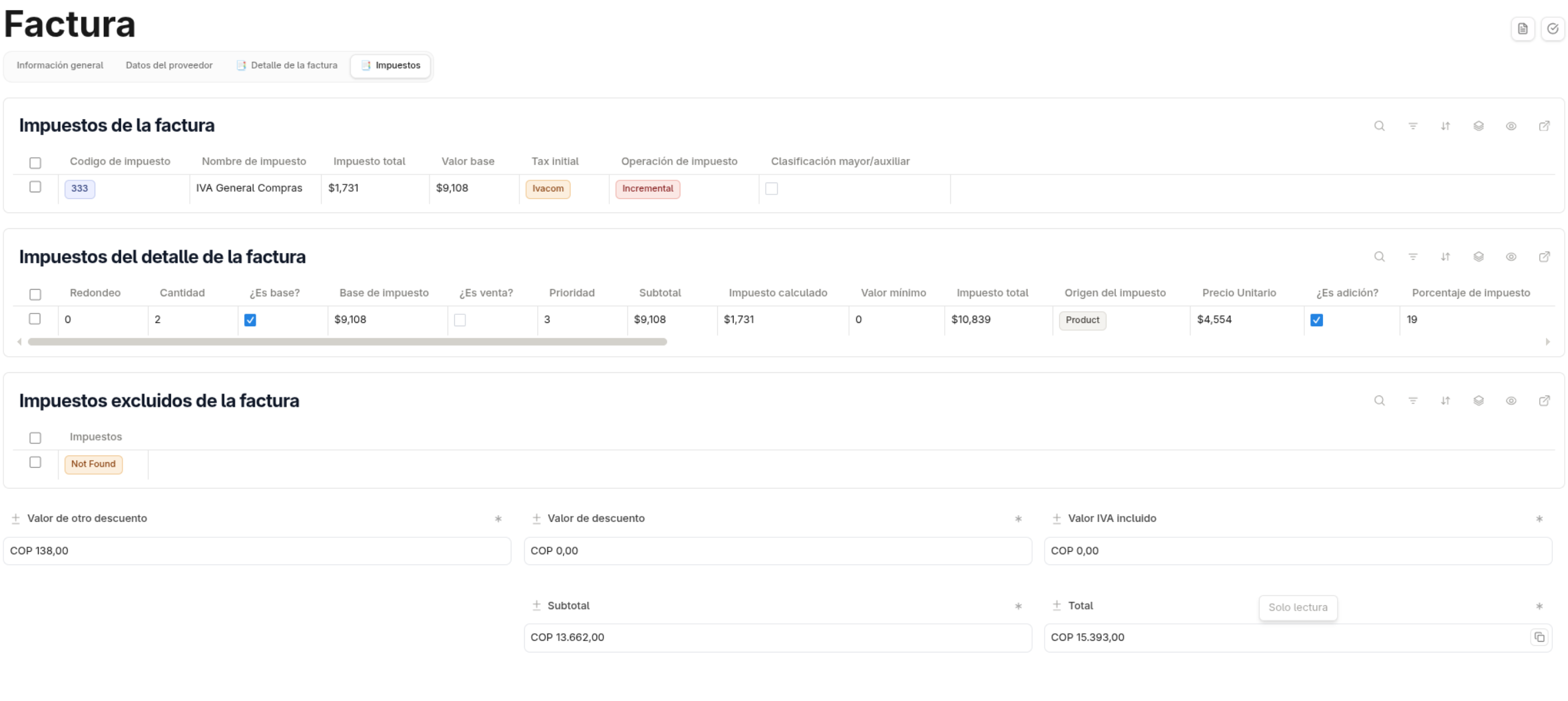 Taxes tab of an invoice with automatic tax calculation