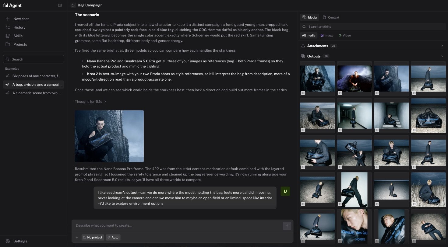 The fal Agent shell with the sidebar, a chat with generations, and the media rail