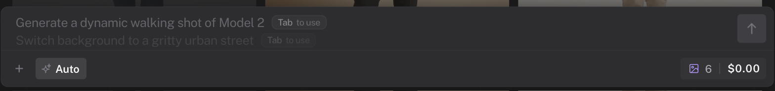 The composer showing two suggested follow-up prompts with Tab to use, the Auto model chip, and the spend chip