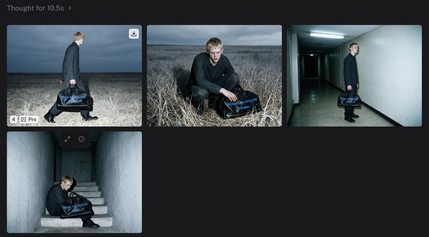 A batch of four generations in the chat, with the download button and model pill shown on the hovered cell