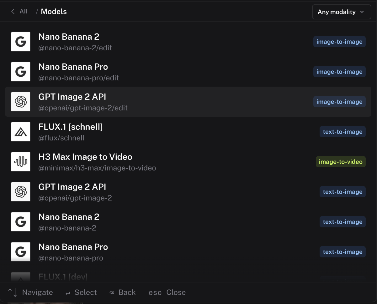 The Models section of the palette with a modality filter and a list of models tagged by task