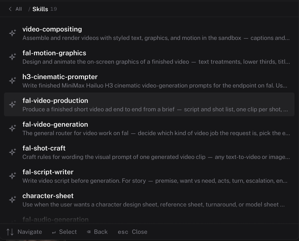 The Skills section of the palette listing enabled skills with their descriptions