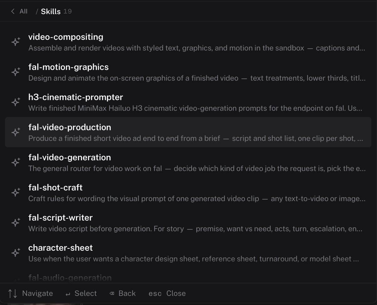 The Skills section of the palette listing enabled skills with their descriptions