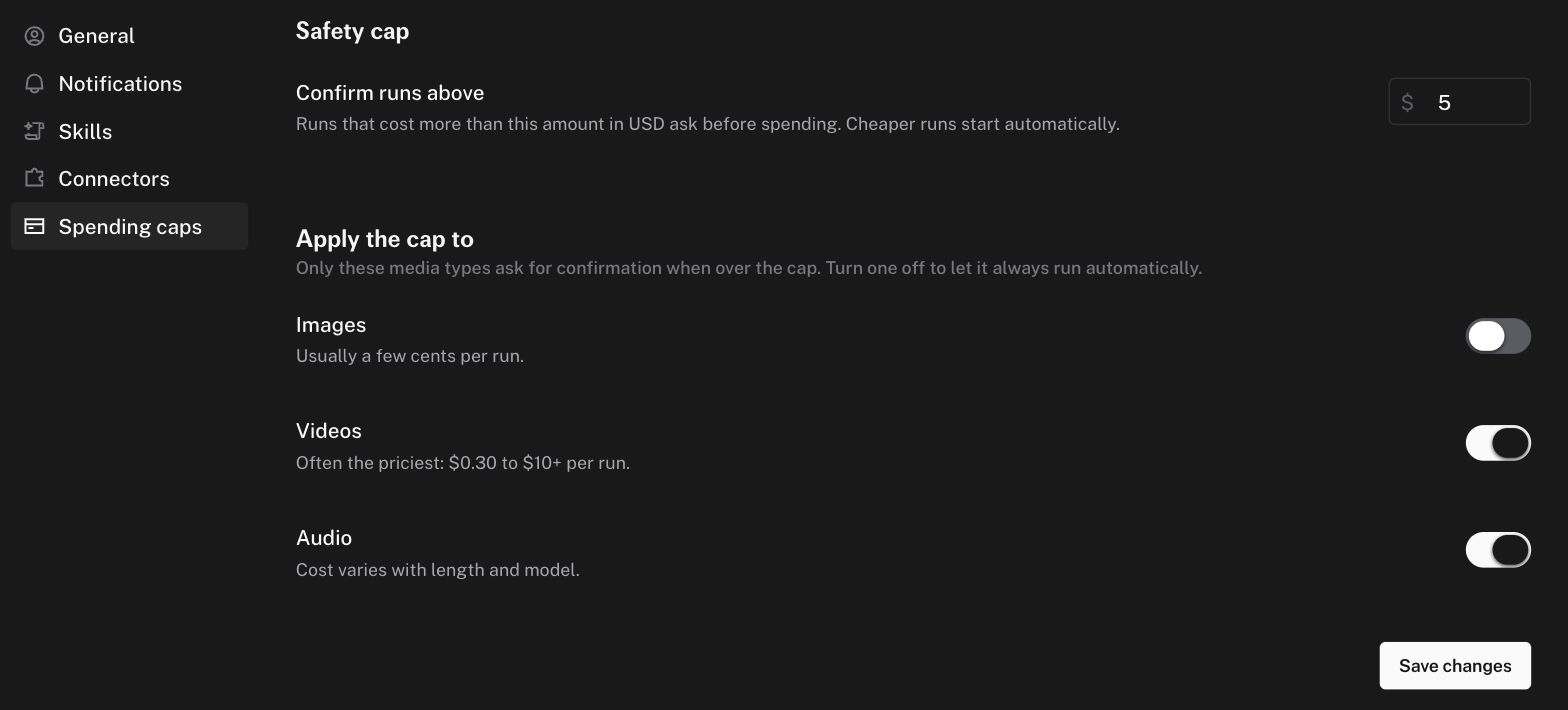 The Spending caps settings with the safety cap input and the Images, Videos, and Audio toggles