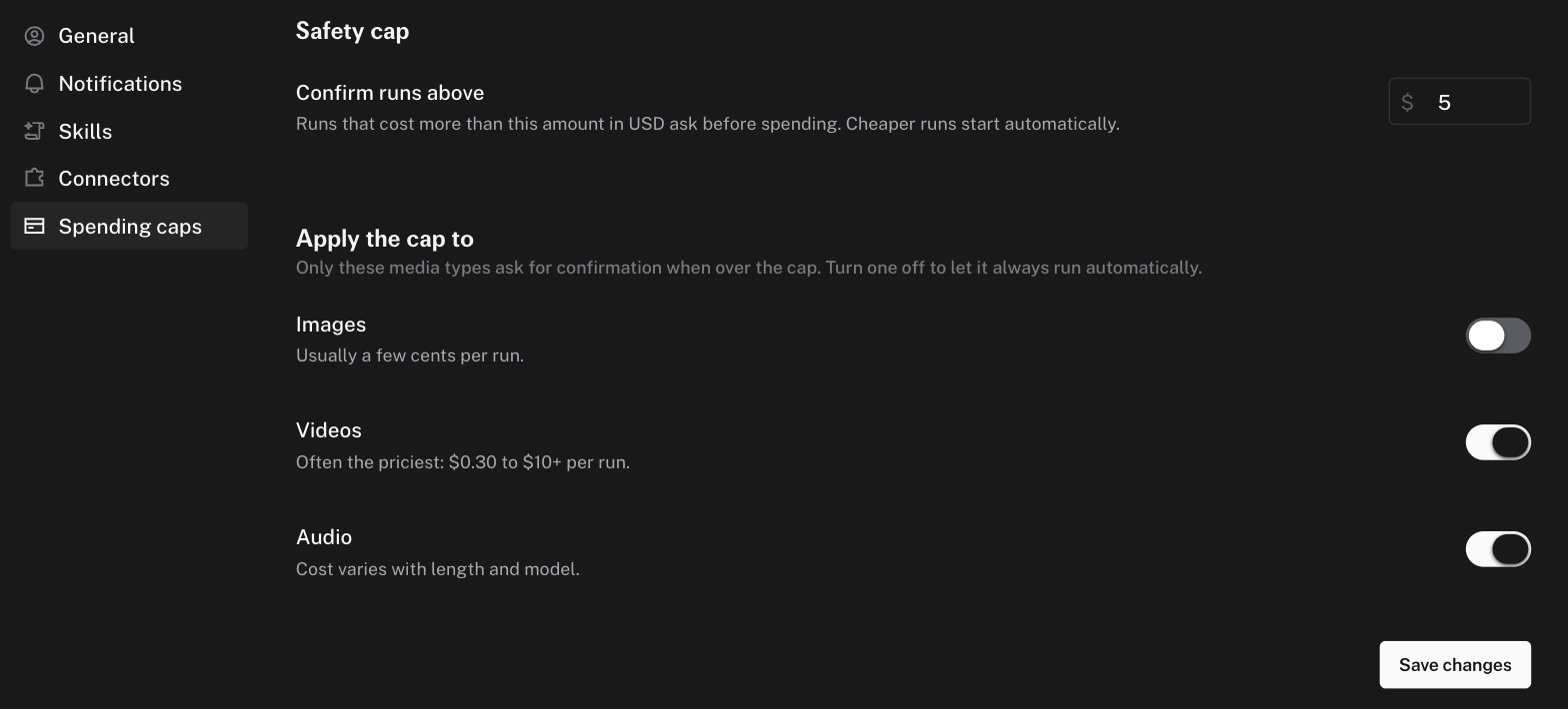 The Spending caps settings with the safety cap input and the Images, Videos, and Audio toggles