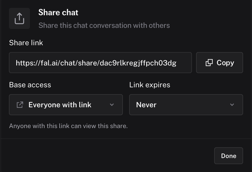 The Share chat dialog with the share link, the Base access selector, and the Link expires selector