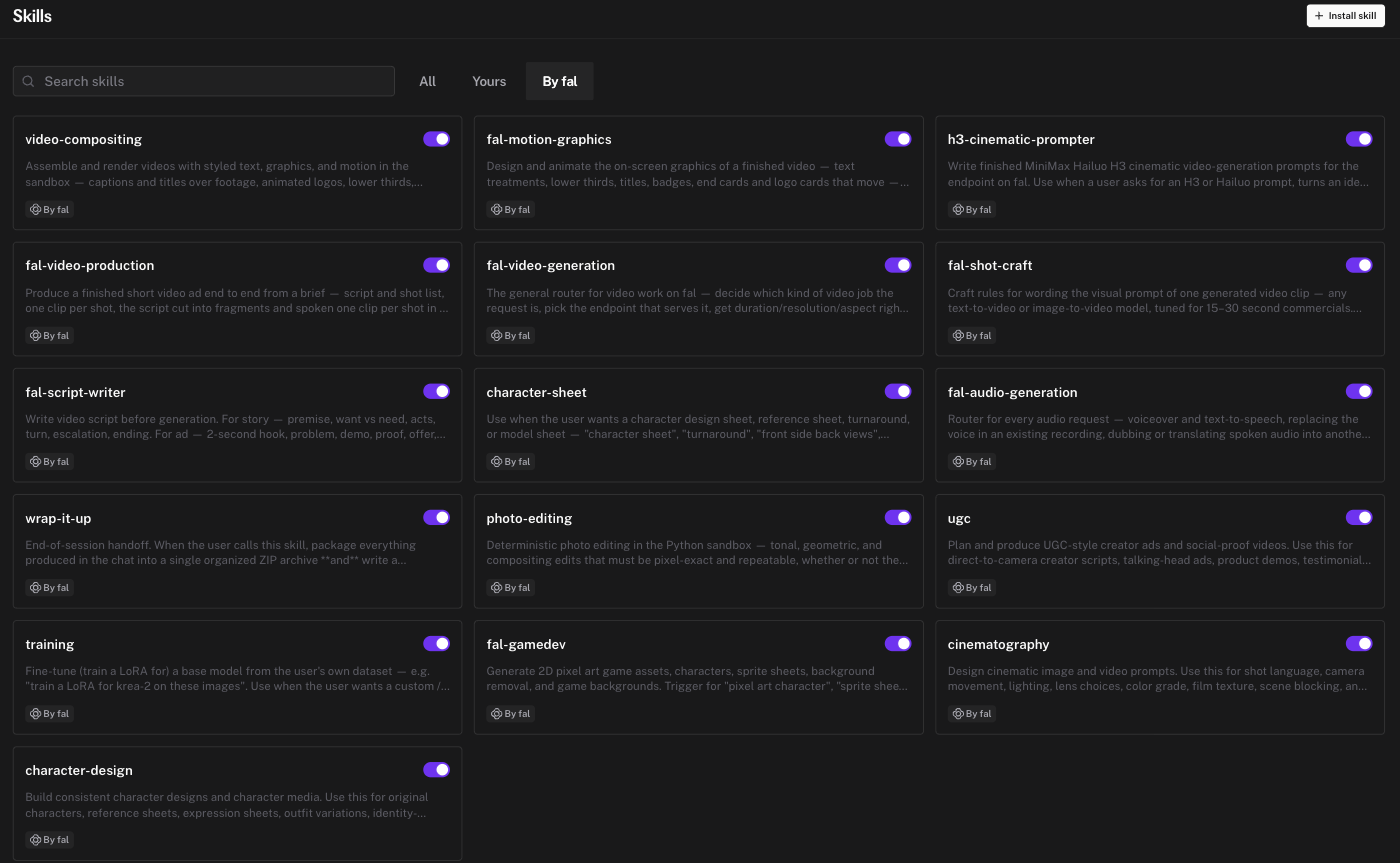 The Skills page showing the fal skills with their descriptions and enable toggles