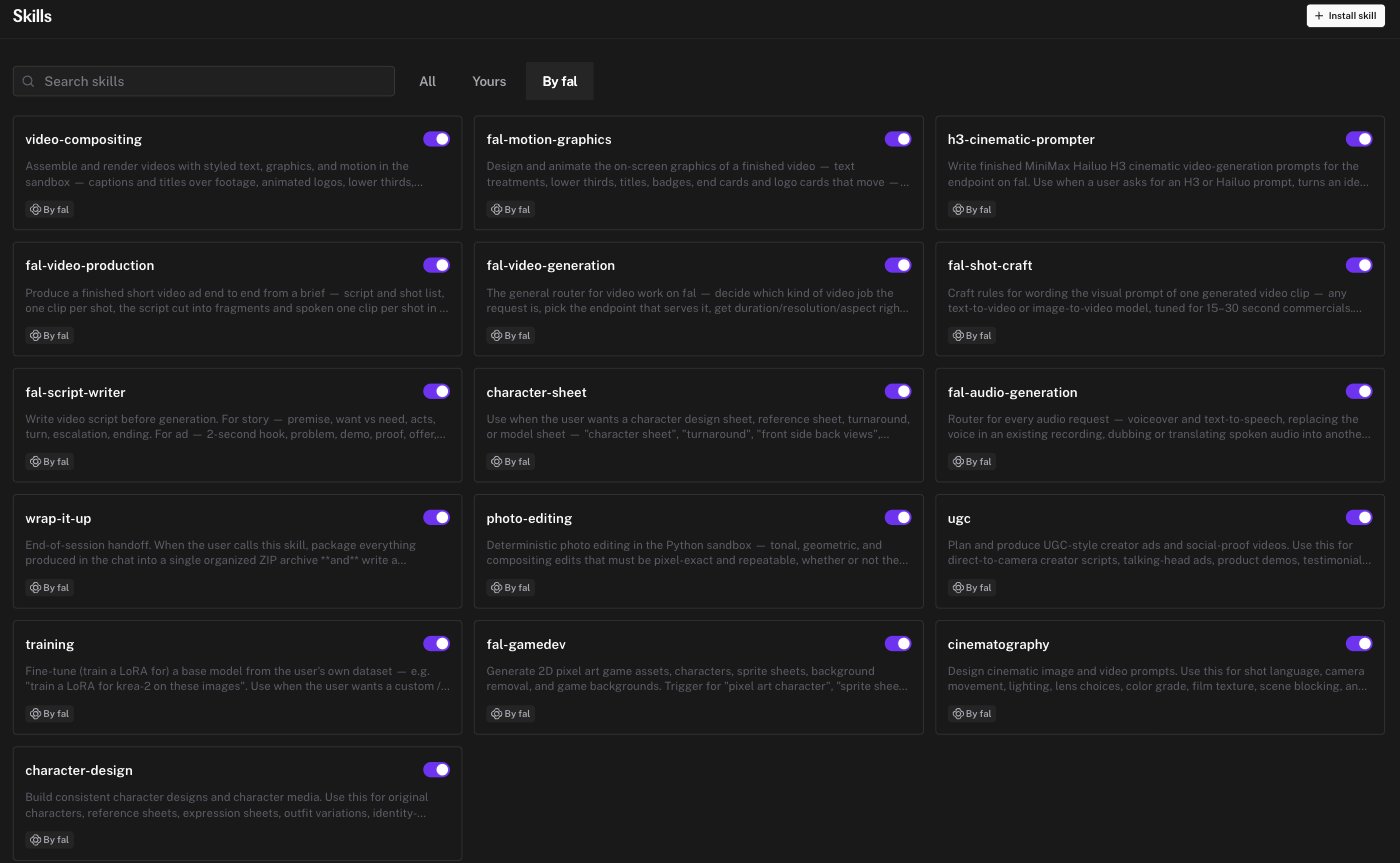The Skills page showing the fal skills with their descriptions and enable toggles