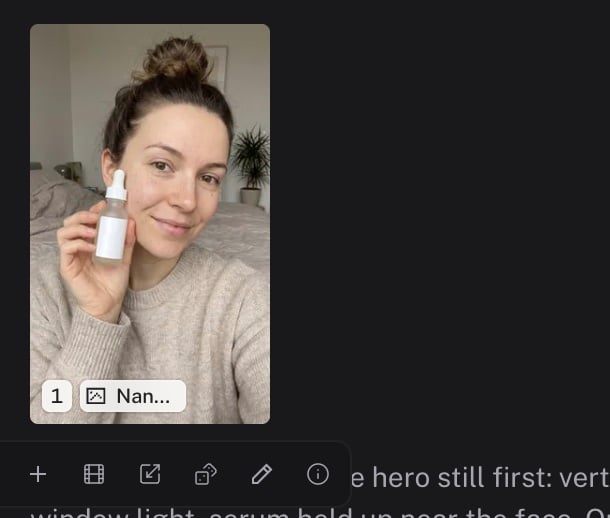 A generation cell with its ordinal and model pill, and the hover toolbar beneath it