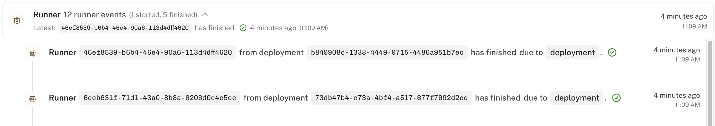 Runner event row showing termination reason as a highlighted badge alongside the status text