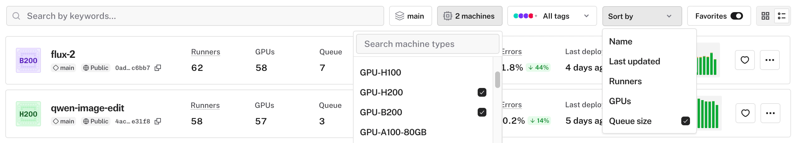 New filter by machine type and sorting options for runners, GPUs, and queue size