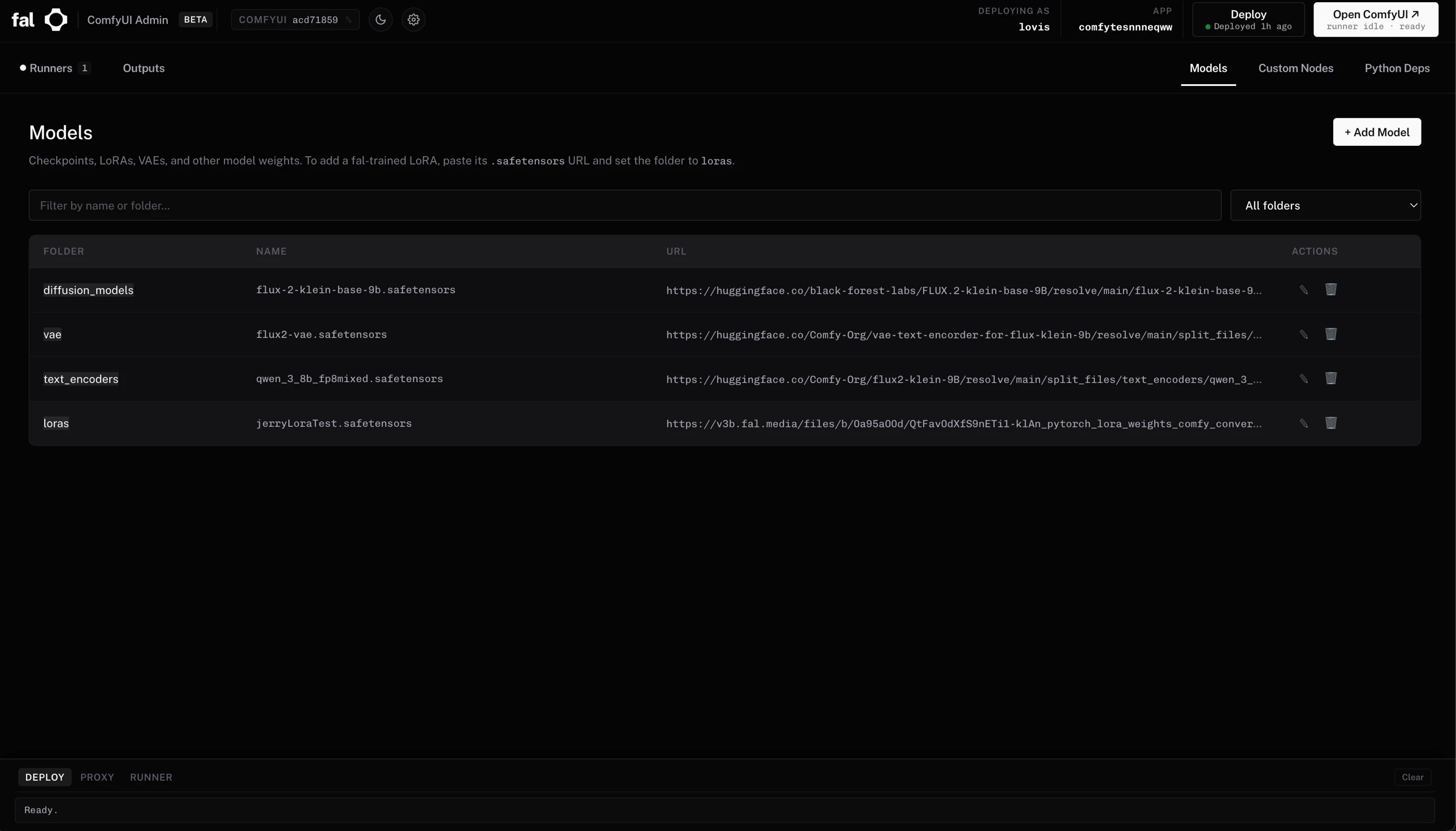 Admin web UI showing the Models tab — folders, filenames, download URLs in a table