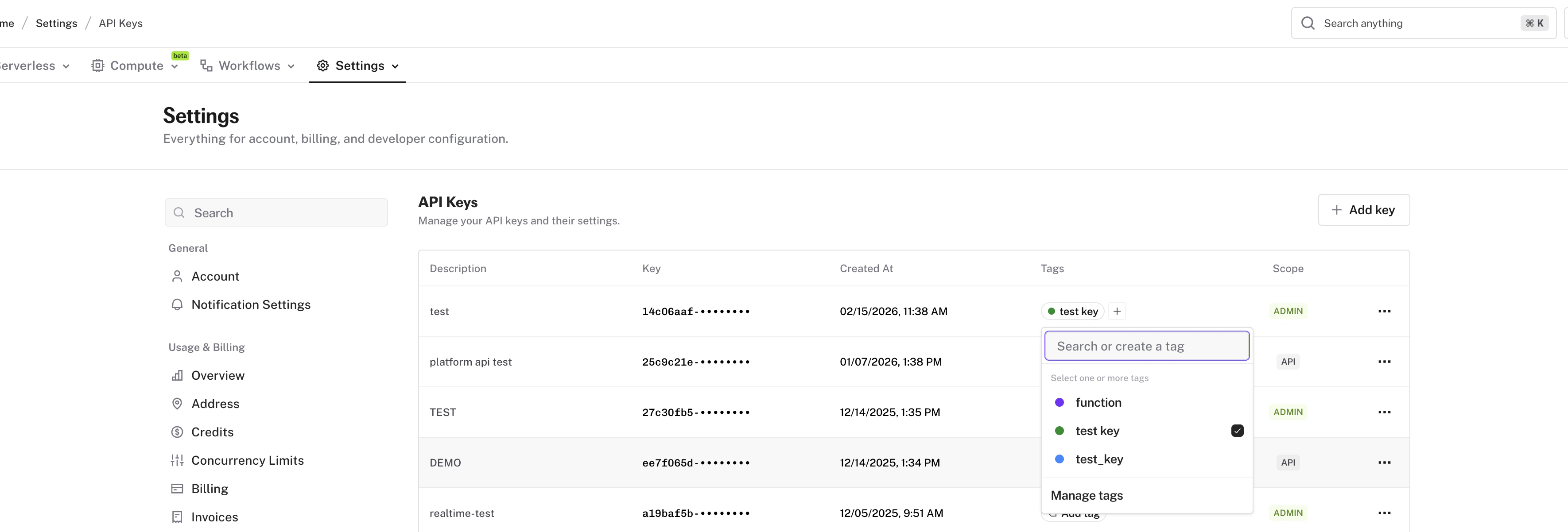 Keys page with tags column and editable key descriptions