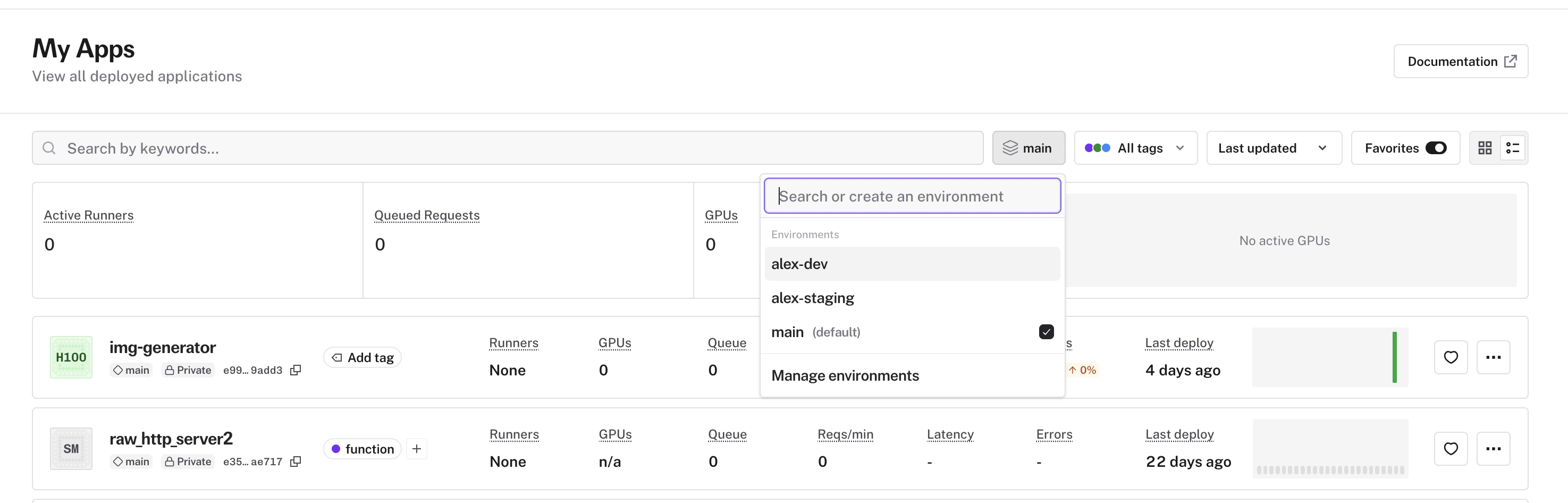 Environment manager dialog for creating and deleting environments