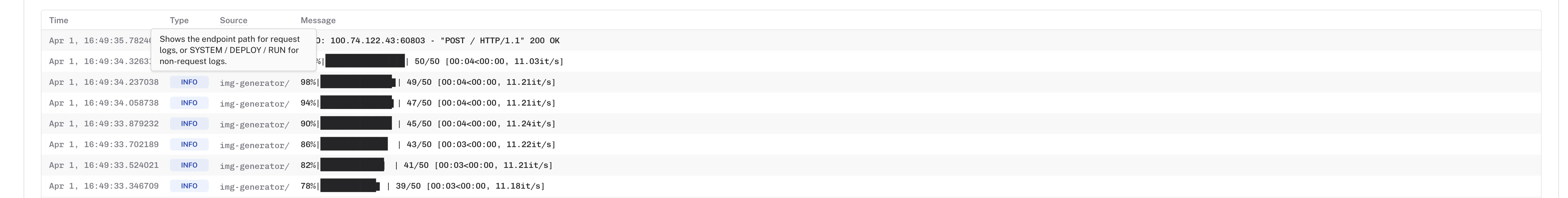 Logs view with endpoint filter and source column