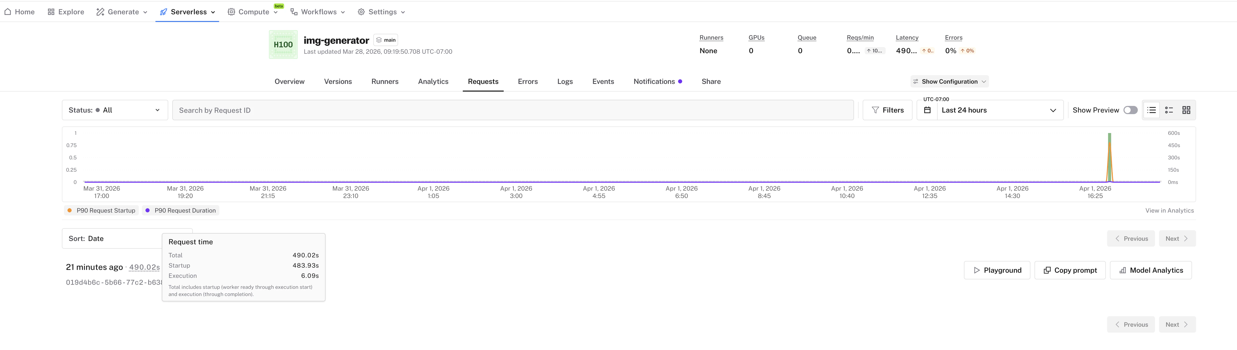Request list showing duration broken into startup time and execution time
