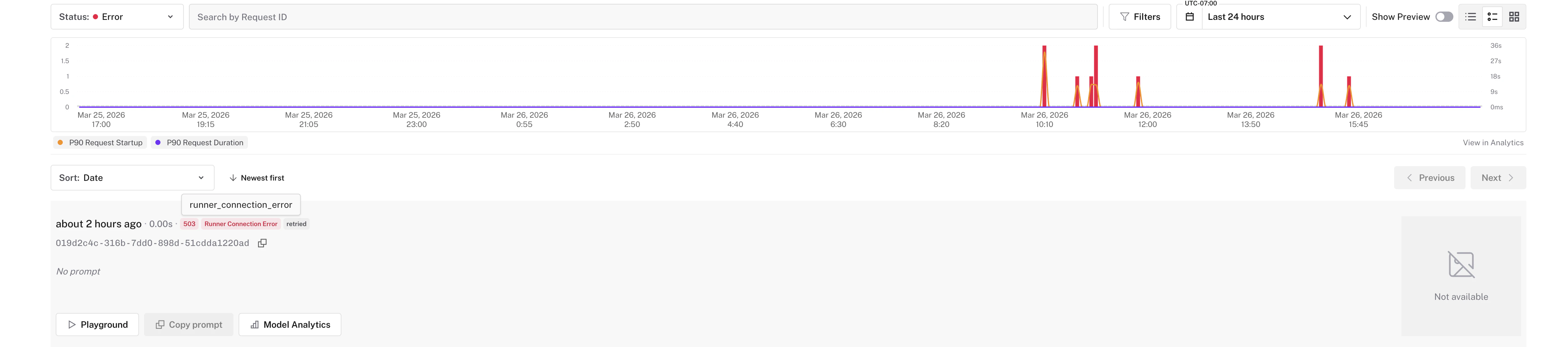 Error type badges on request logs showing specific failure reasons