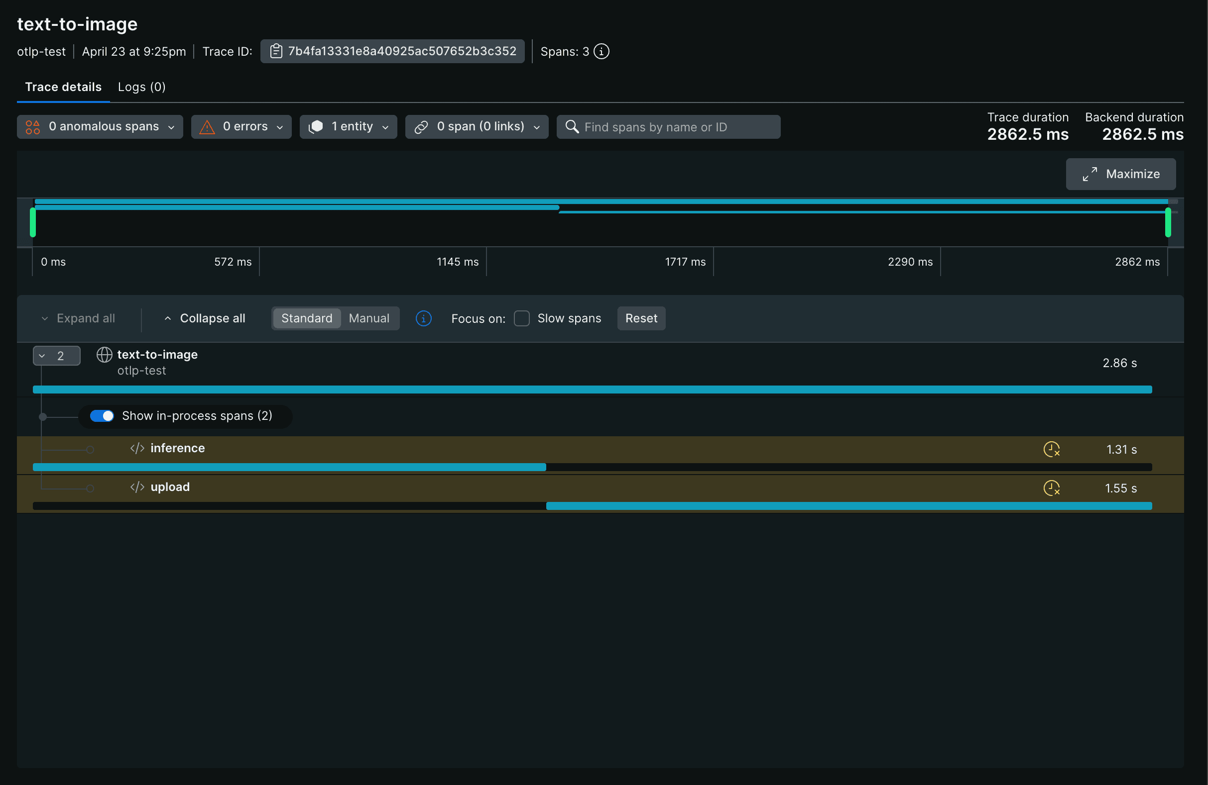 Span tree showing text-to-image root span with inference and upload children in a trace backend
