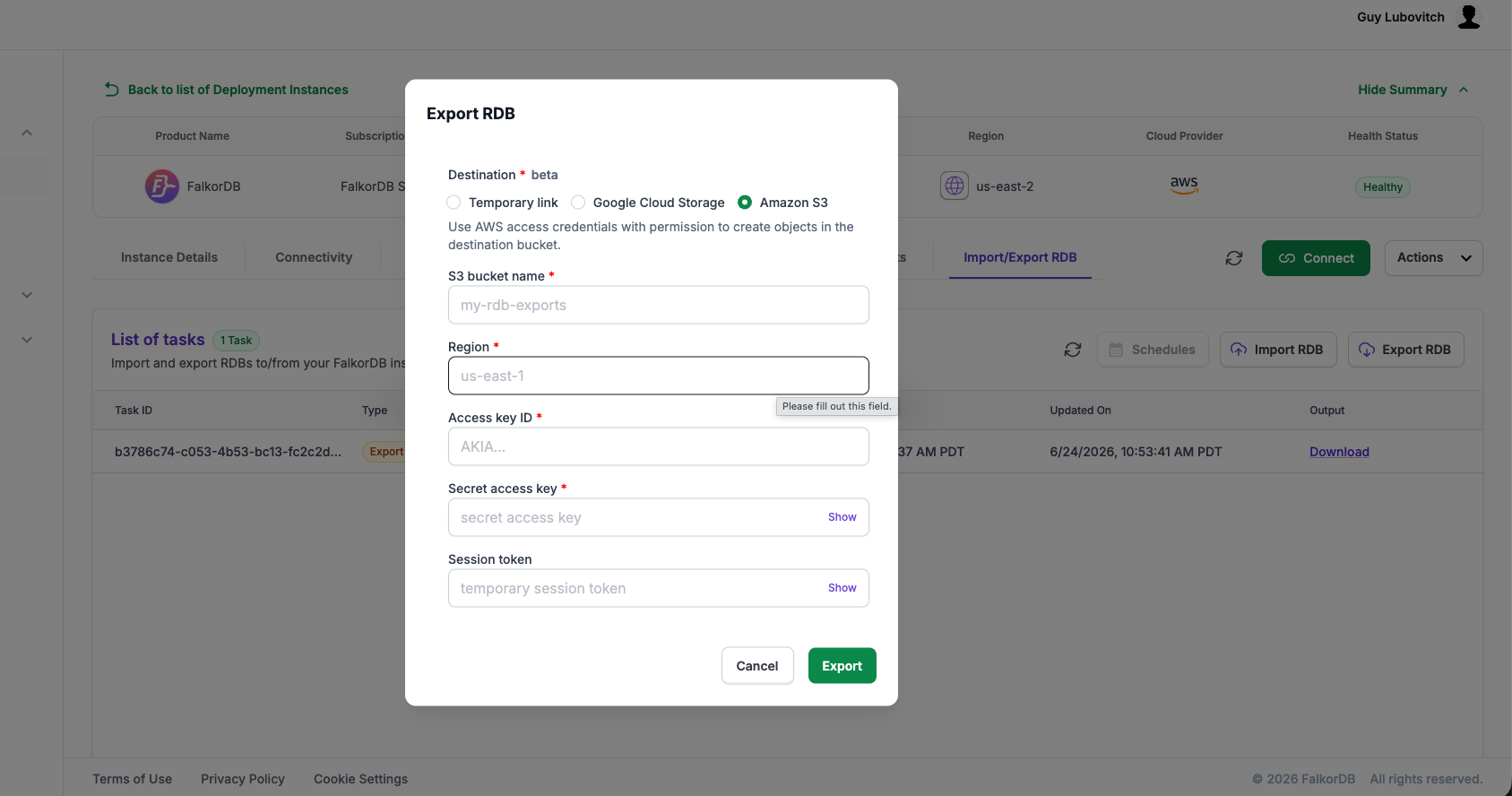 Export RDB dialog with Amazon S3 selected