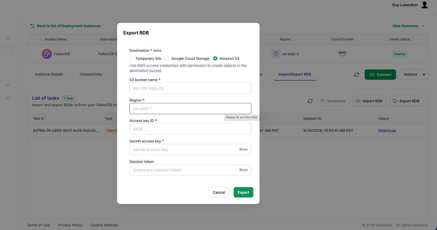 Export RDB dialog with Amazon S3 selected