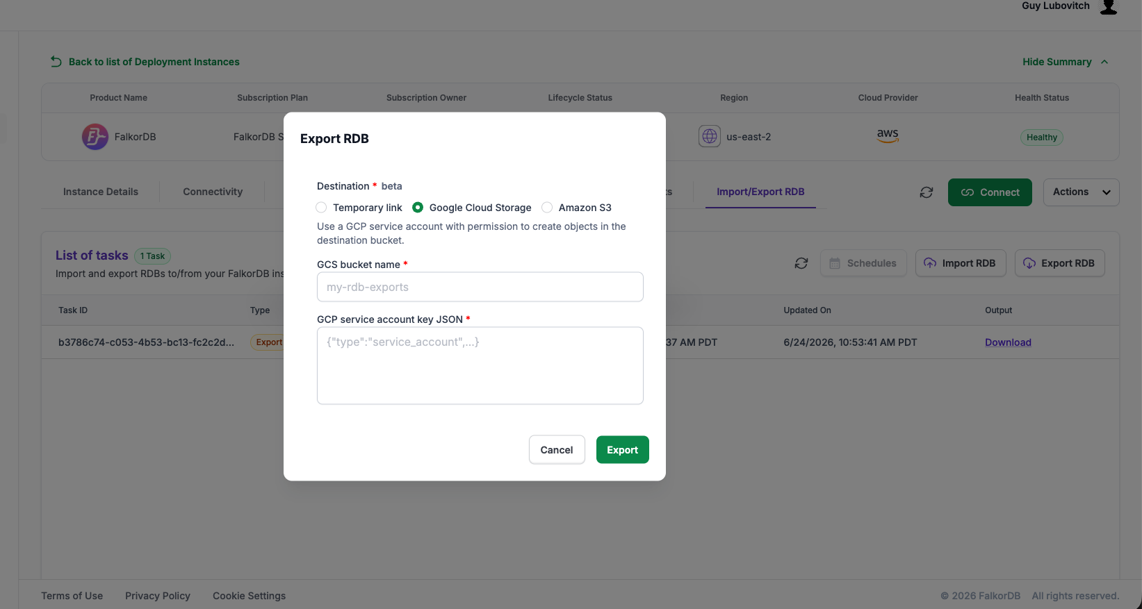 Export RDB dialog with Google Cloud Storage selected
