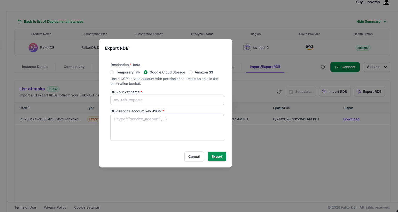 Export RDB dialog with Google Cloud Storage selected