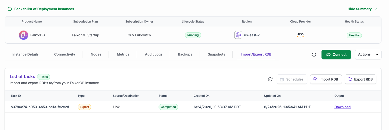 Task list showing a completed export with a Download link