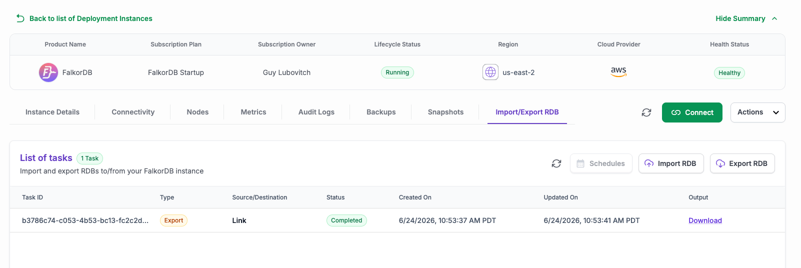 Task list showing a completed export with a Download link