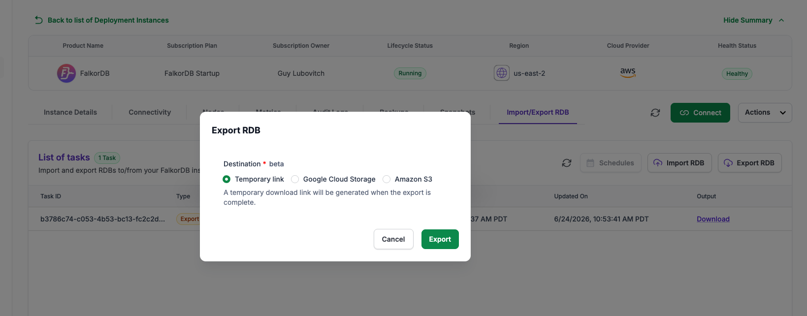 Export RDB dialog with Temporary link selected