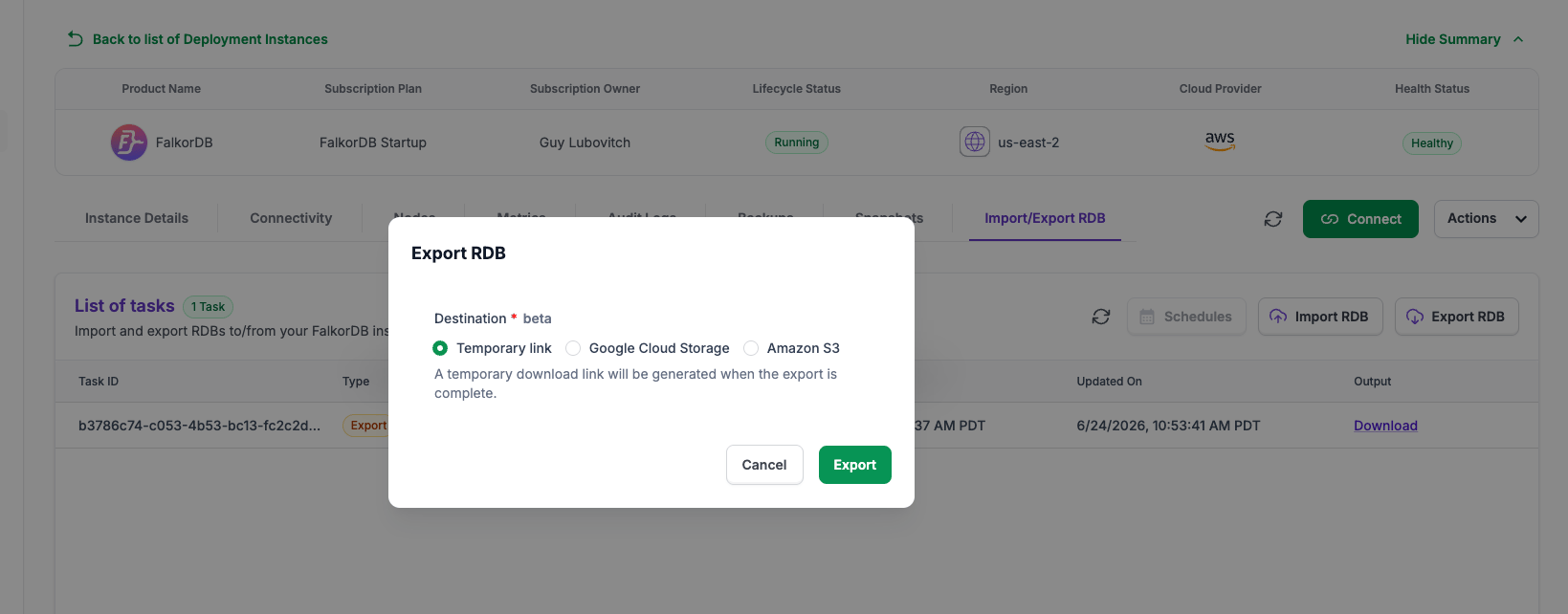 Export RDB dialog with Temporary link selected