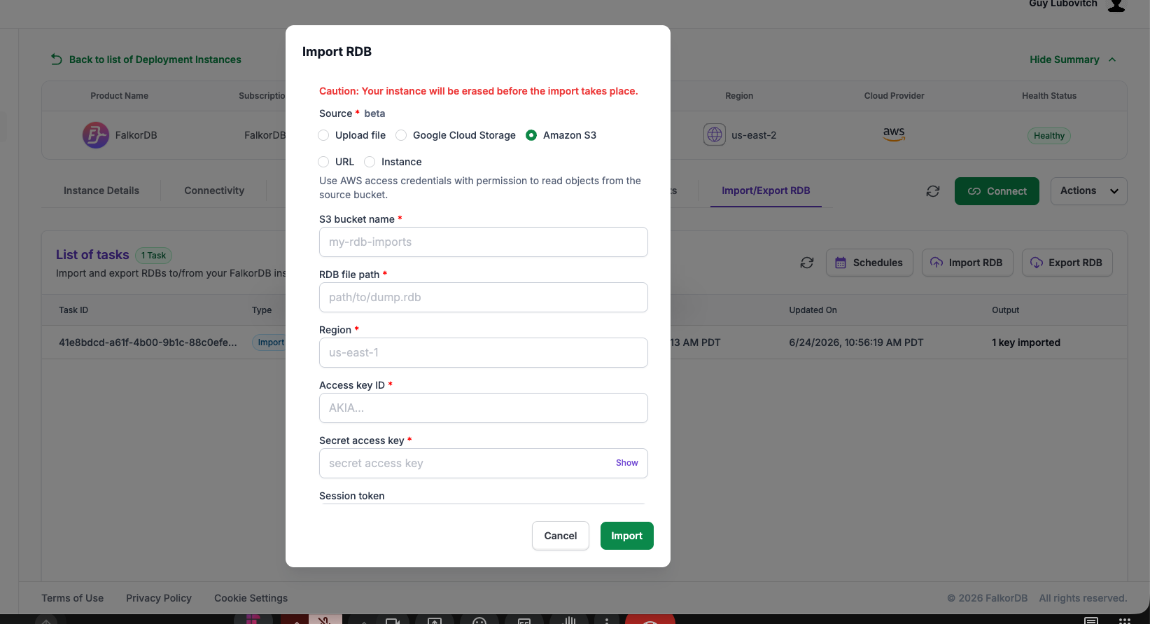 Import RDB dialog with Amazon S3 selected