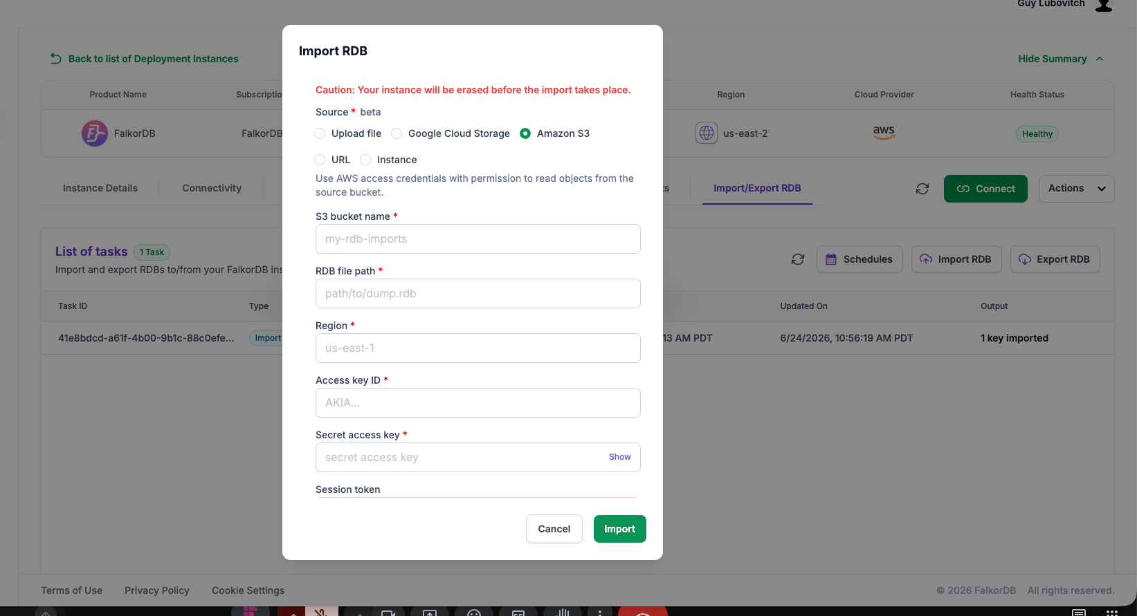 Import RDB dialog with Amazon S3 selected