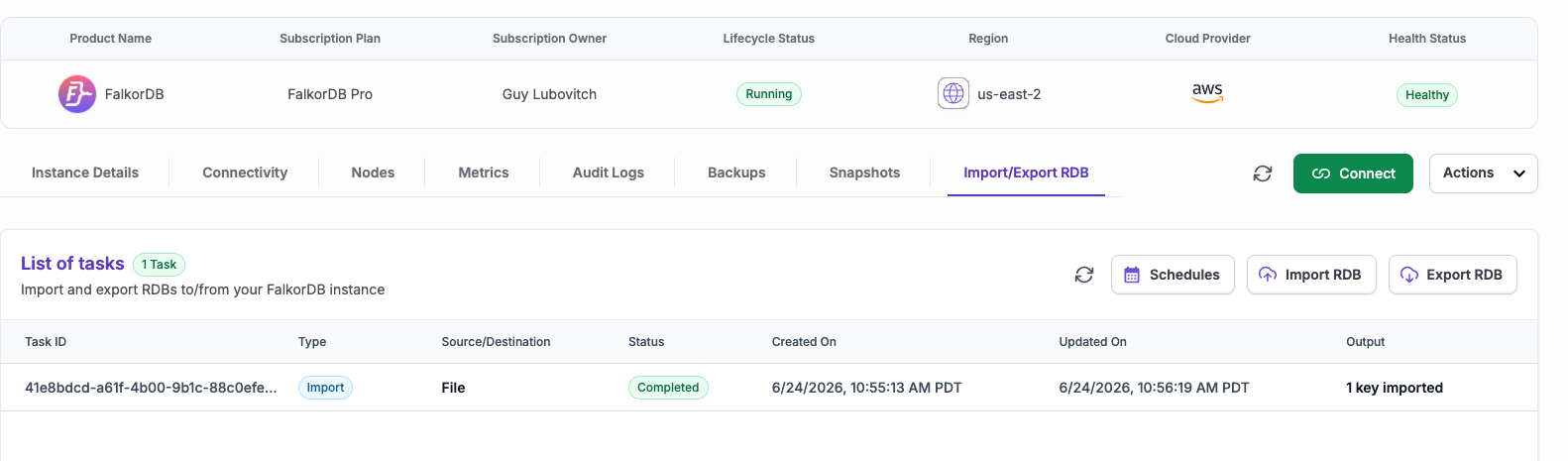 The Import/Export RDB tab with the task list and the Export RDB, Import RDB, and Schedules buttons